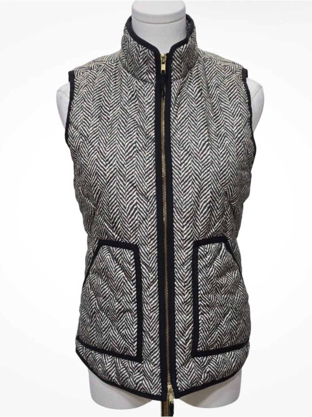 J. Crew Quilted Herringbone Vest in Black and Cream